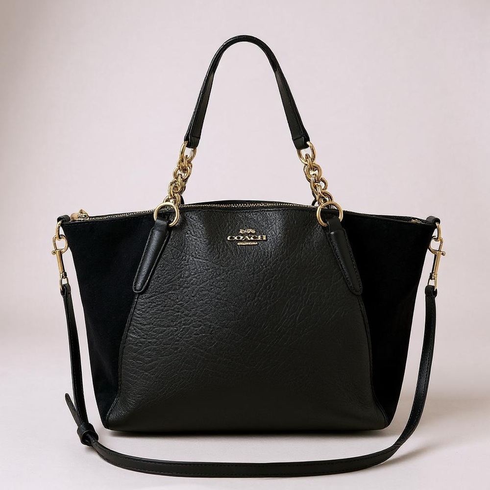 Coach small Kelsey chain satchel black pebbled leather & suede tote bag gold